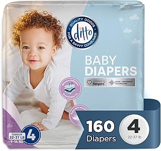 Ditto Baby Diapers Size 4 (160 Count) â€“ Breathable Disposable Diapers â€“ 12-Hour Leak Protection & Wetness Indicator â€“ Day + Overnight Diapers for Sensitive Skin â€“ No Fragrance, Parabens or Latex