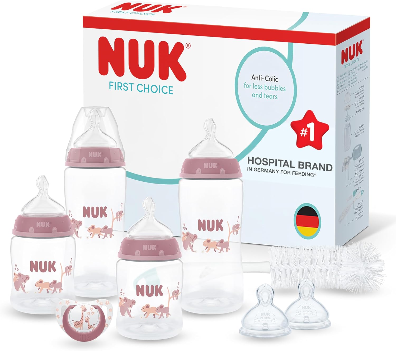 NUK First Choice Perfect Start Newborn Essentials Baby Bottles Set | 0-6 Months | 4 x Anti-Colic Feeding Bottles (150ml, 300ml), 2 x Teats, 1 x Dummy, 1 x Bottle Brush | Koala | 8 Count