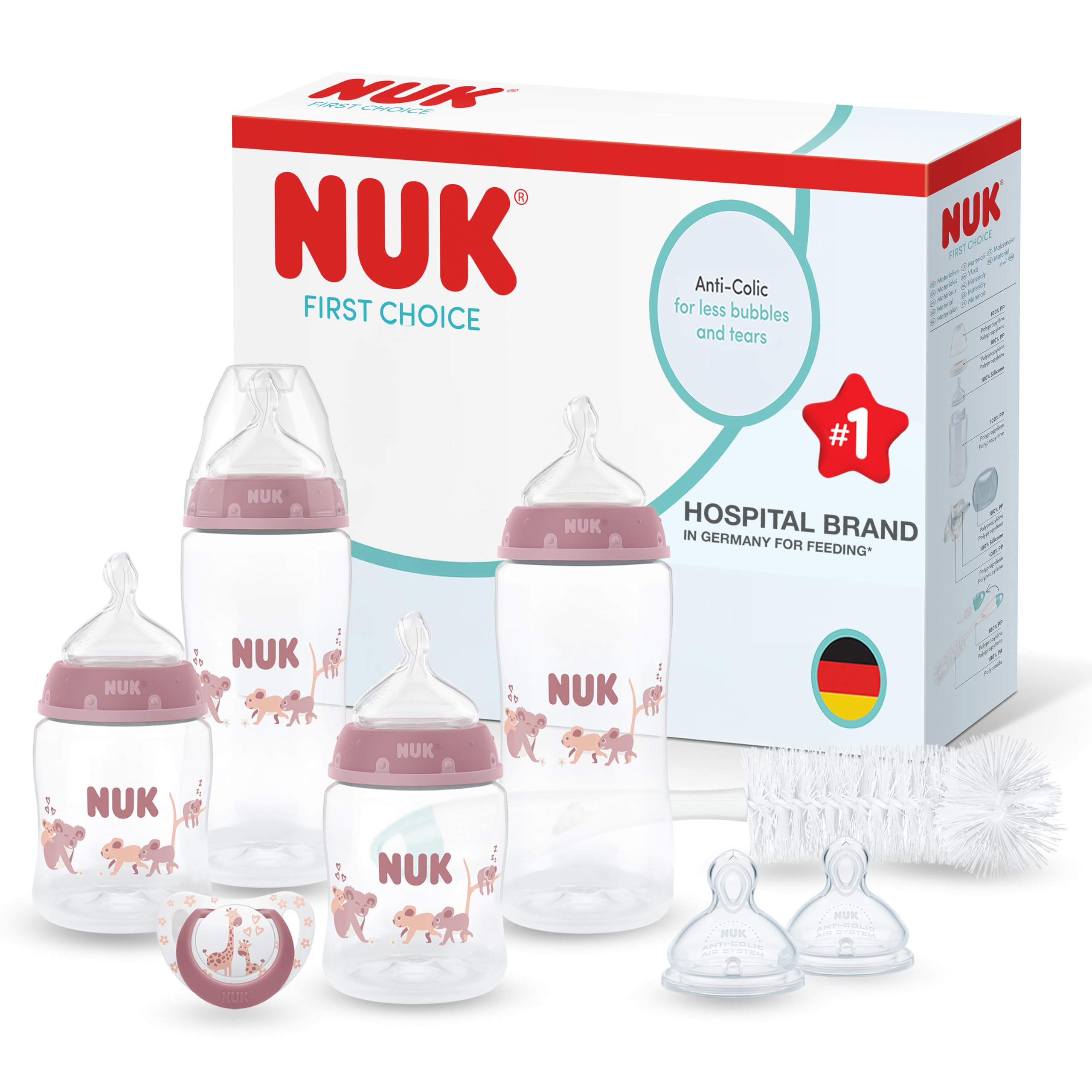 NUK First Choice Perfect Start Set Biberon | 0-6 Mesi | 4 x Biberon Anti-Colica (150 ml, 300 ml), 2 x Tettarelle, 1 x Succhietto First Choice, 1 x Scovolino per Biberon | Koala | 8 Pezzi
