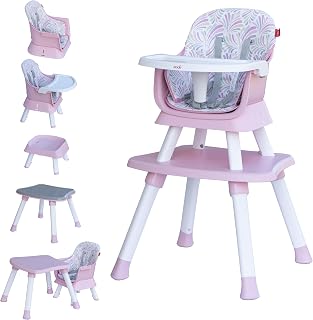 The Moon Brand 6 In 1 High Chair Converts To Dining Booster Seat, Stool, Small Dining Chair, Study Desk, Block Toy Table & More Baby Feeding Chair,Toddler Chair, Removable Tray, 7 M To 10Yrs - Pink