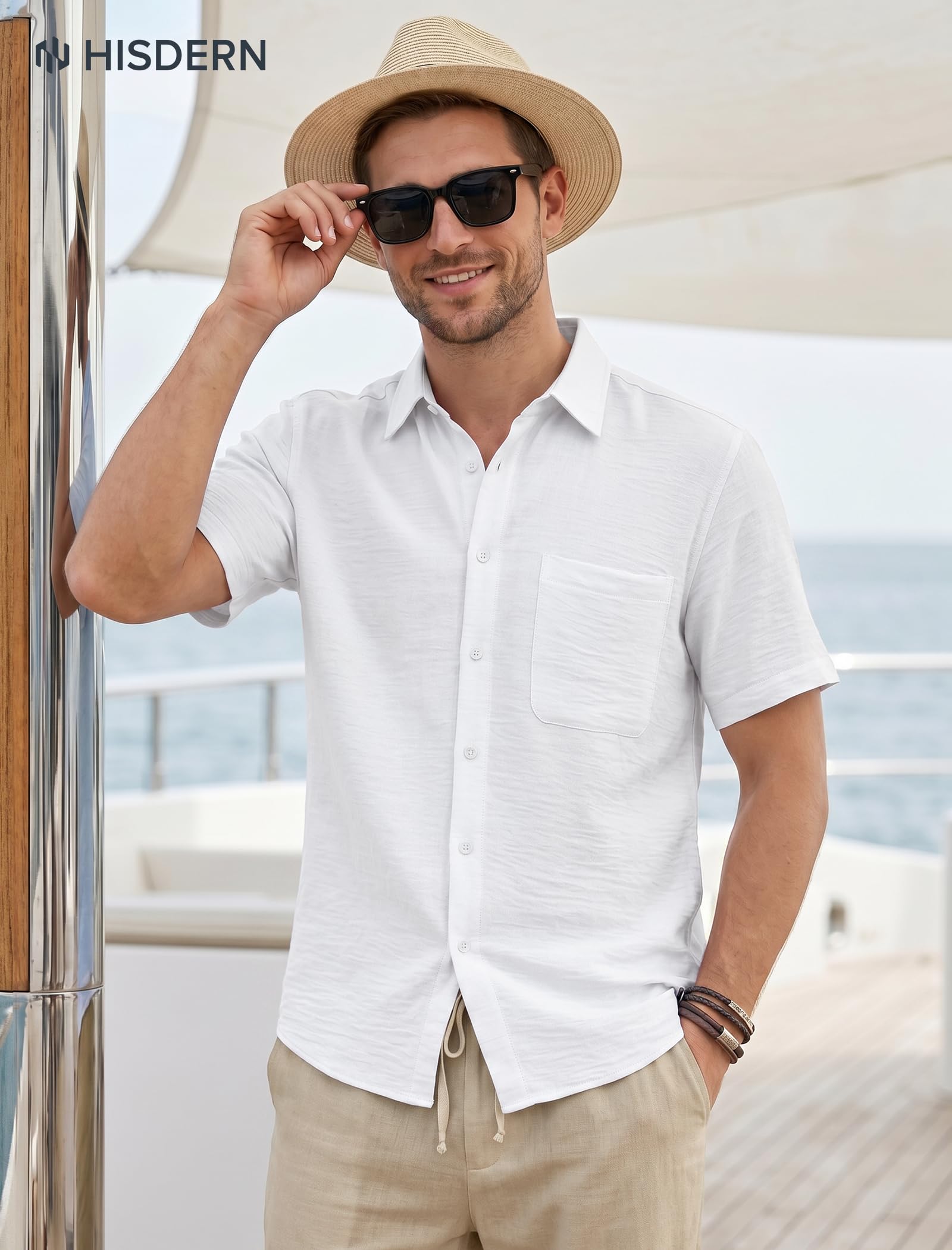 HISDERN Chemise en Lin Homme à Manches Courtes Boutonnée Chemisette Coton Coupe Droite Chemise d'été de Plage avec Poche
