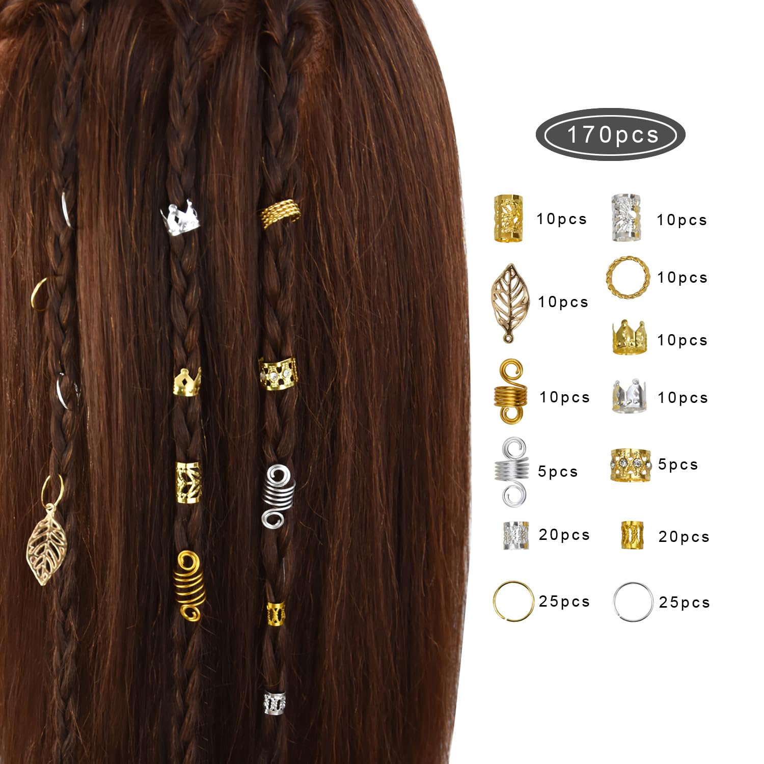 170 Pieces Hair Jewelry Cuffs Charms Rings for Braids Locs Metal Dreadlocks Beads Accessories, Gold and Silver, 1 count (Pack of 170) - Image 2