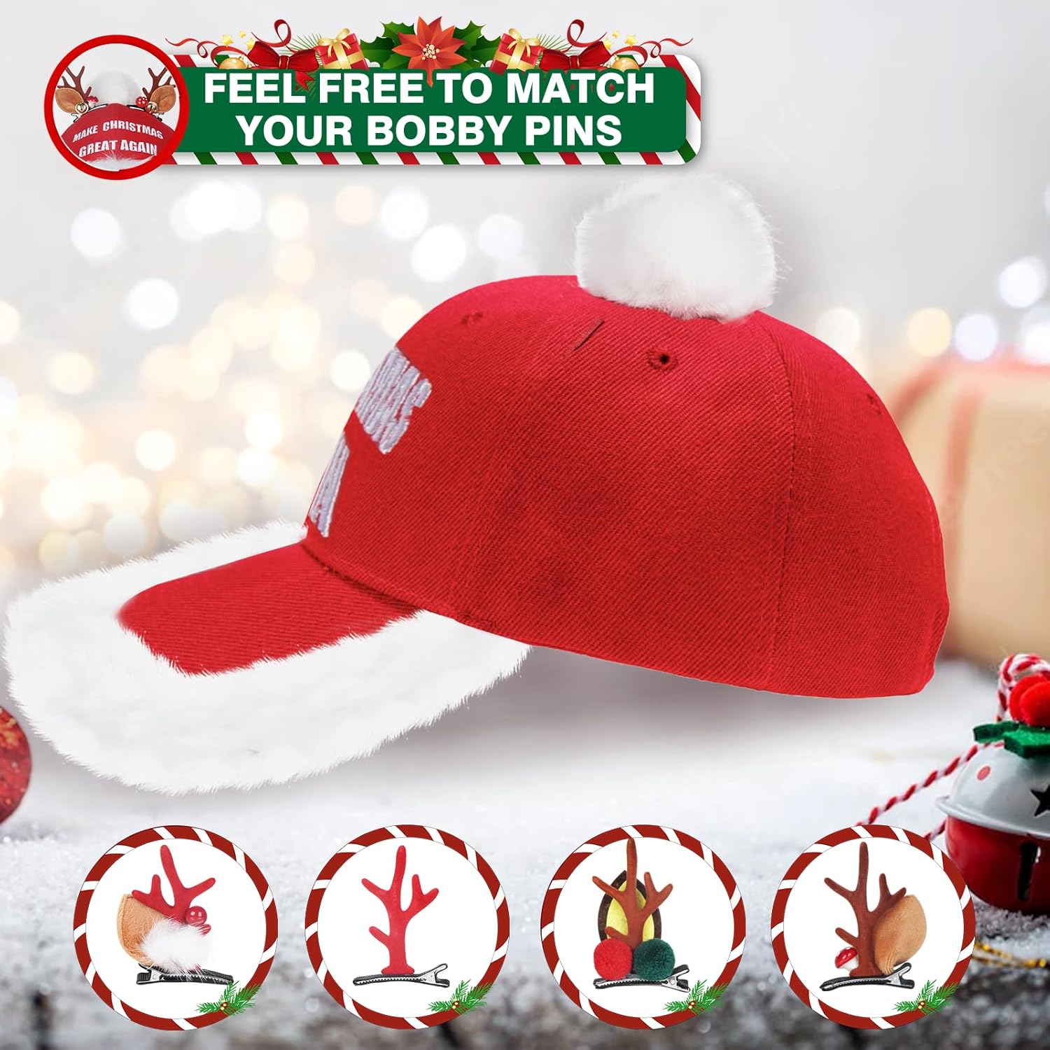 Santa Christmas Baseball Cap Xmas Pom Pom Hat Hair Clip Reindeer Hat Adjustable Holiday Cap Unisex Deer Horn Barrette - Image 4