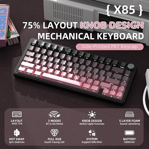 AJAZZ x ATTARK SHARK X85 Tastiera Meccanica con Guarnizione,Tastiera da Gioco Wireless al 75% con Knob,Imbottitura a 5 Strati,PBT Side-Printed Keycap,BT/2.4Ghz/USB-C,Hot-swap Lineare Switch,per PC,MAC - 2