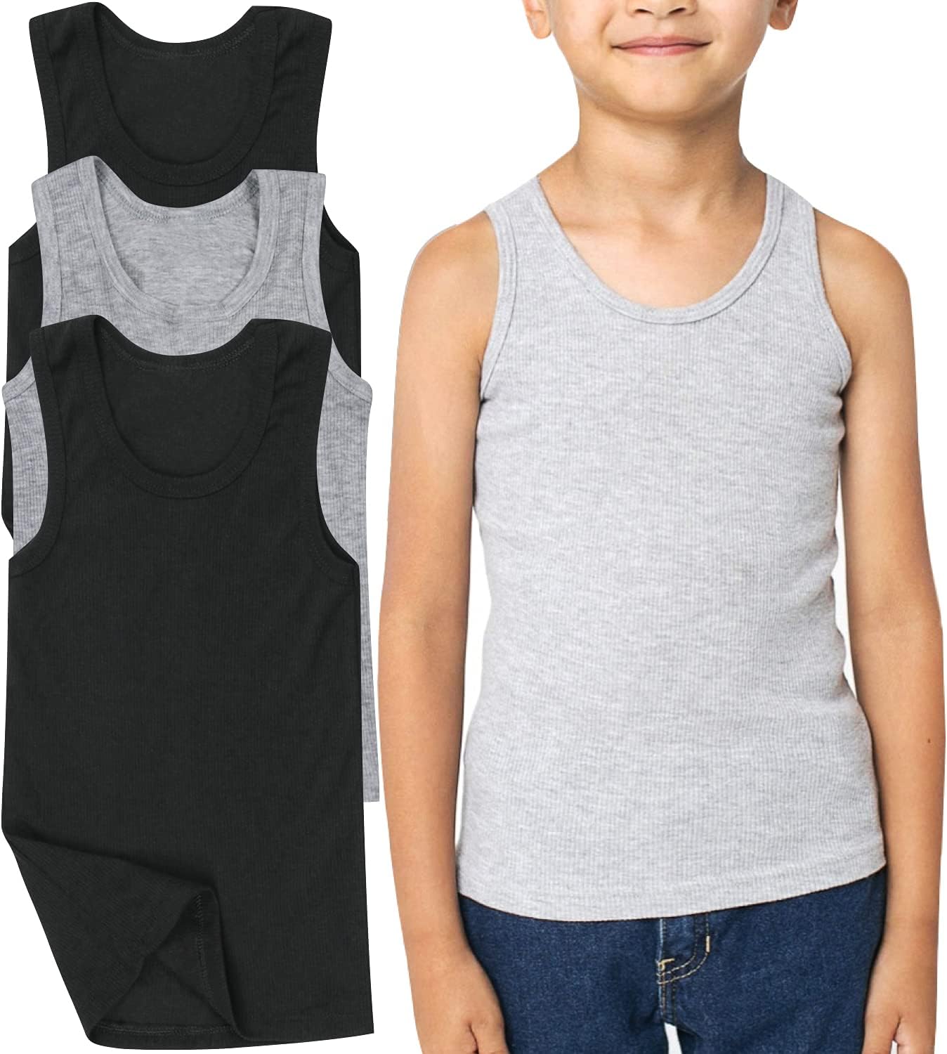 Boy's Pack 3 or 6 100% Cotton Preshrunk A-Shirt Classic Fit Tank Tops Undershirts