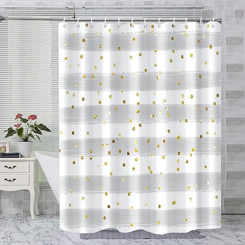Miniatura 44 de Cortina de ducha de mediados de siglo, moderna abstracta con patrón geométrico atómico de explosión de estrellas para los años 50, accesorios de