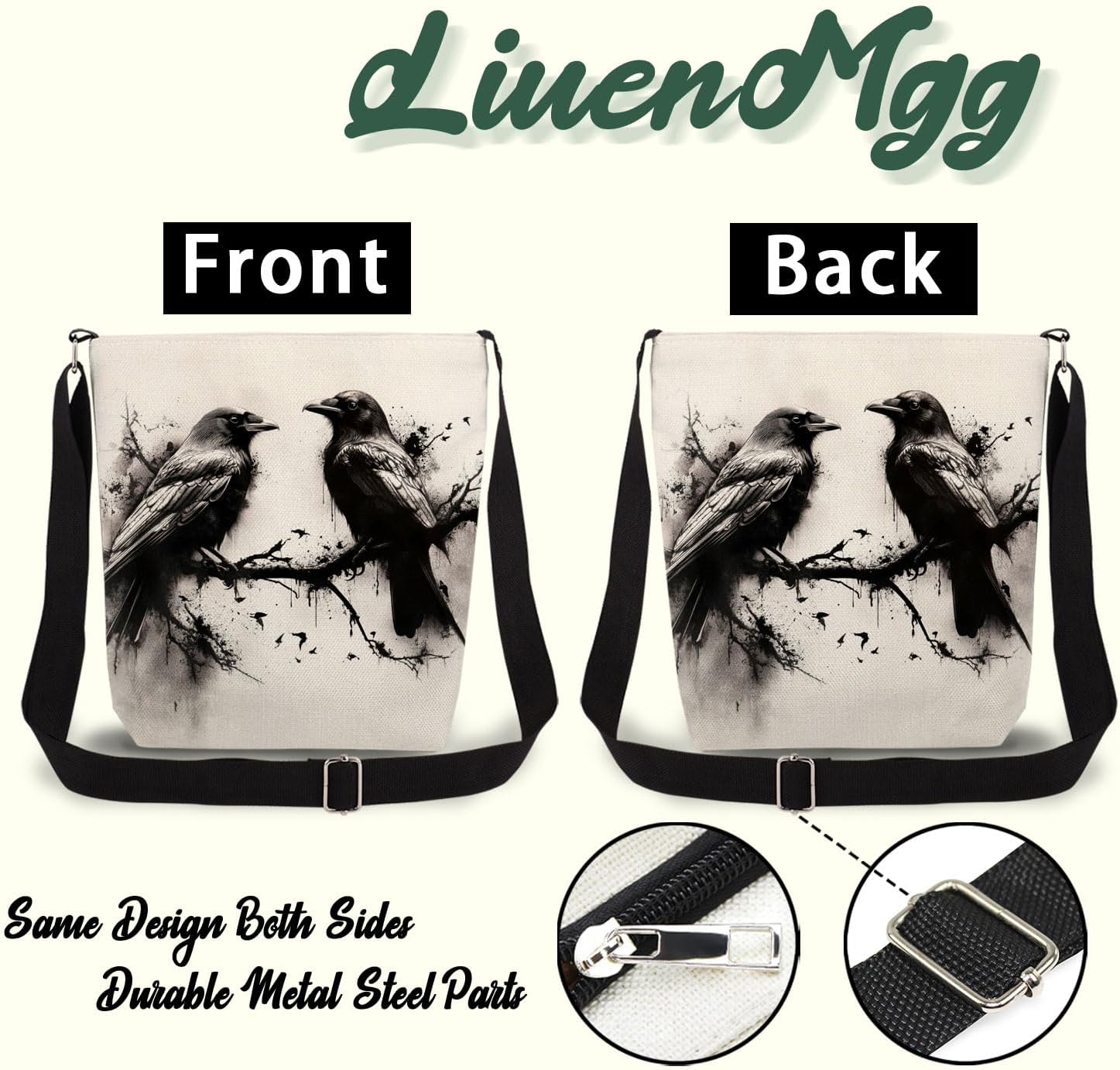 Ink Crow Print Canvas Crossbody Bag, Adjustable Strap Lightweight Purse with Top Zipper & Inner Pocket, Daily Shoulder Bag Gift for Women -4 - Image 5