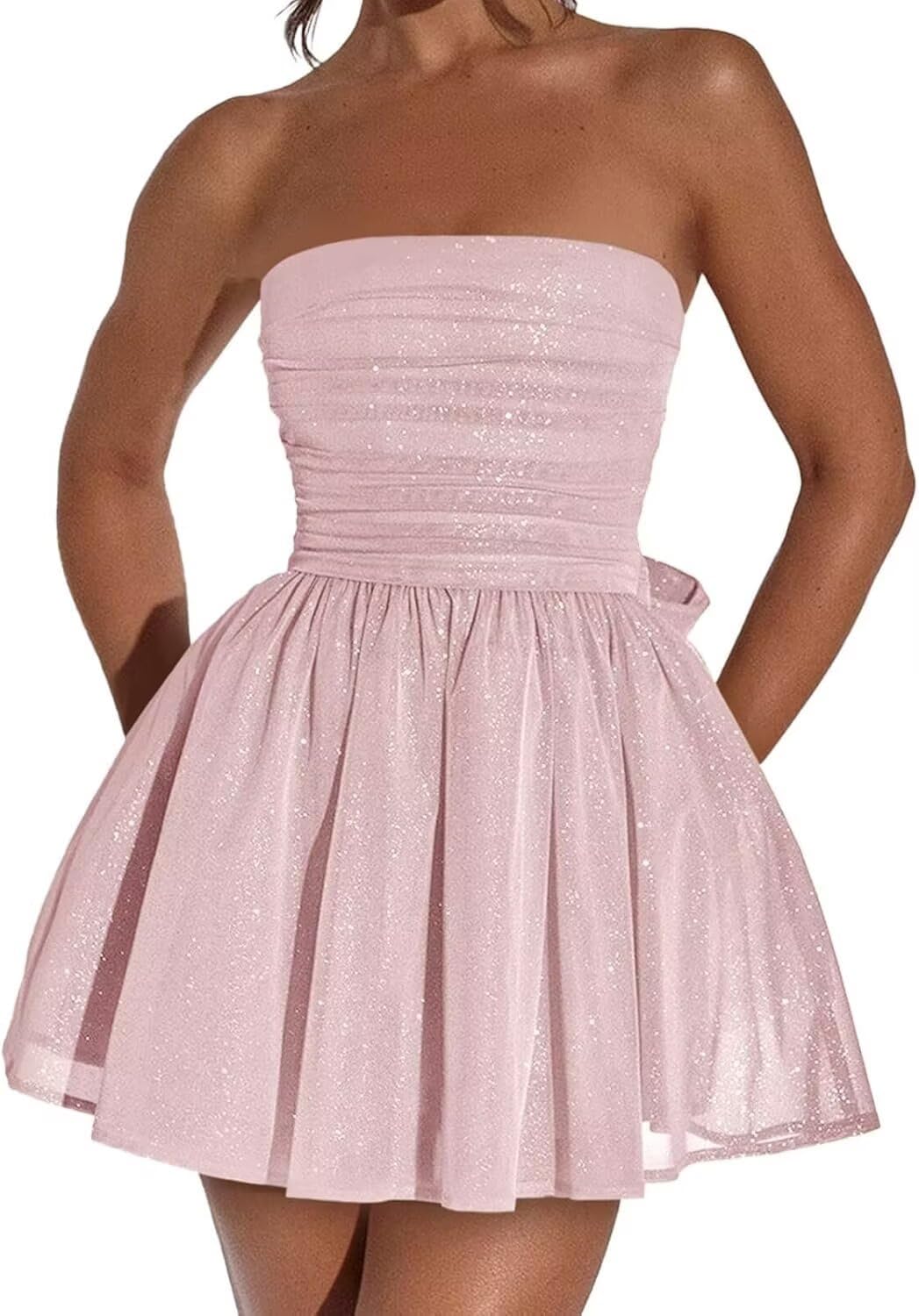 EBCoin Sparkly Tulle Homecoming Dresses Short Sexy Strapless Prom Cocktail Dress Mini Party Dress Gowns with Bow