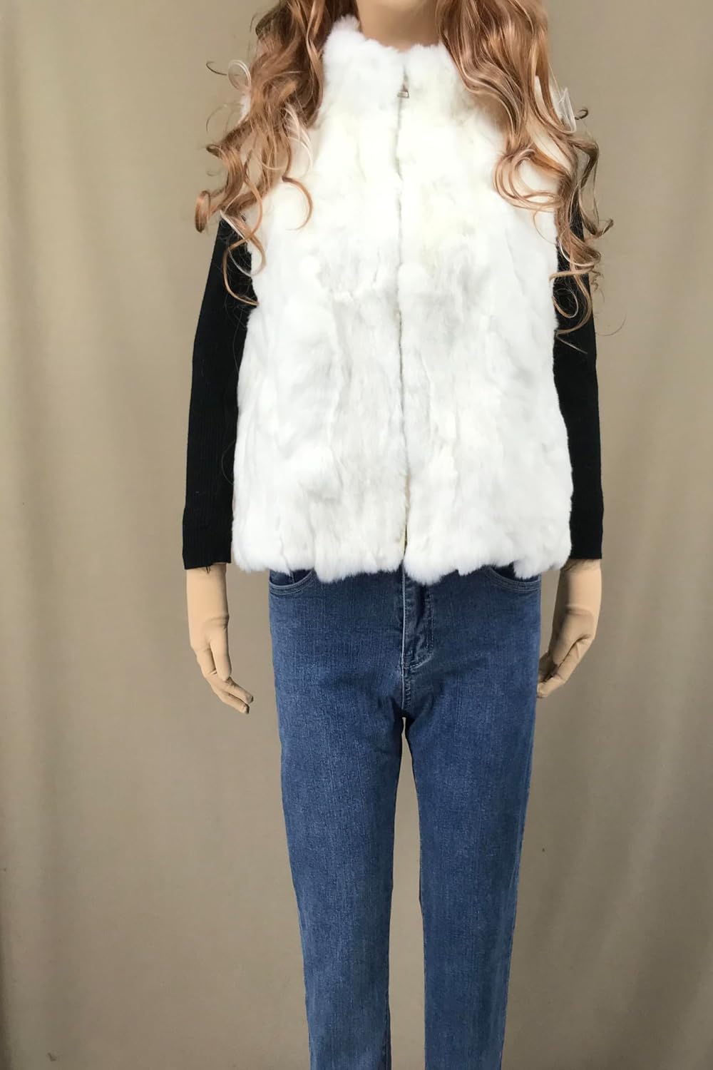 LVCOMEFF Women Real Rex Rabbit Fur Vest Furry Fluffy Classic With High Collar Sleeveless Outwear Top