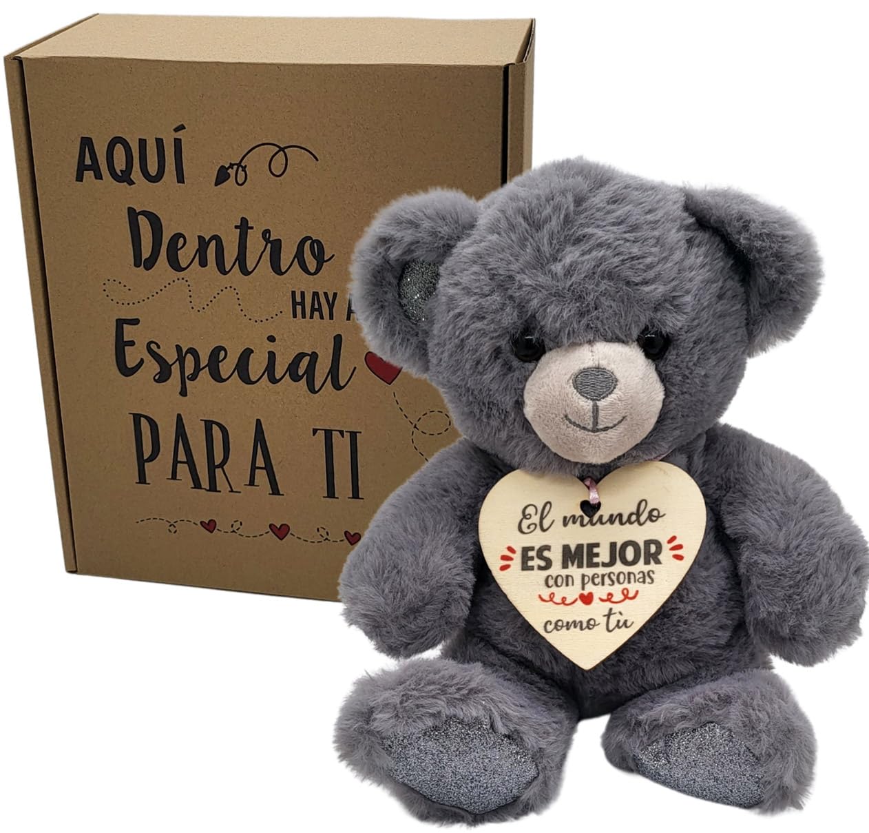 Regalos Originales para Mujer y Amigas - Osito de Peluche Brilli con Mensaje Corazón en Caja Regalo - Detalle para Cumpleaños y Día de la Madre (Gris)