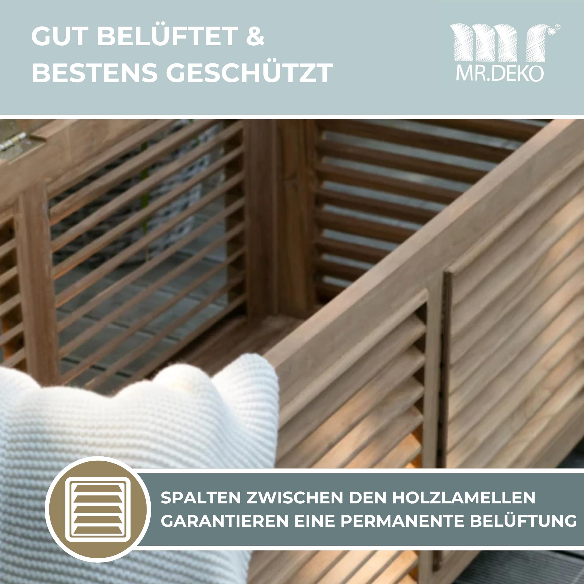 MR. DEKO Gartenbox Teak 430L | Balkon Aufbewahrung 124cm | Auflagenbox | Truhe wetterfest Outdoor