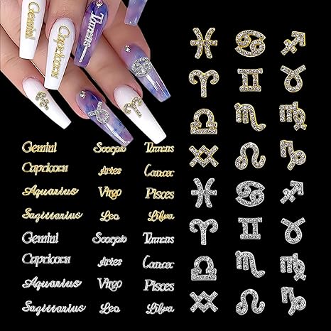 48 Pieces Gold and Silver Alloy Zodiac Nail Charms Zodiac Signs Nail Studs Constellation Words Charms for Nails Twelve Constellation Nail Charms Set for Women Girls Nail Art Decoration
