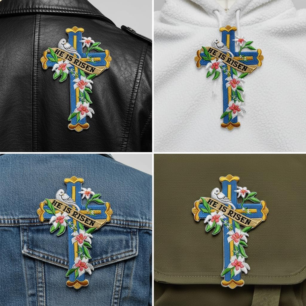 BeyondVision [Custom] Holy Sacred Cross with Nature's Bounty [He is Risen] Embroidery Iron On/Sew patch [6.0" x 4.1"][Made in USA]