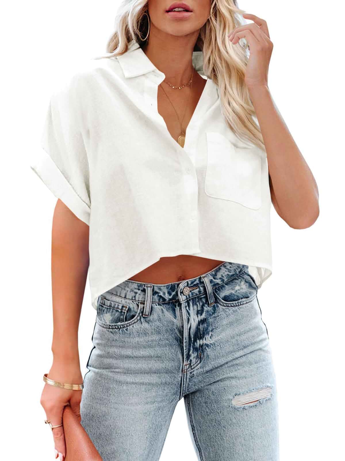 Tankaneo Womens Button Down Cropped Shirts Long Sleeve Crop Tops Blouses Casual, Solid, Lapel Blouse Shirt, Chest Pocket,White Button Down Shirt,Collared Shirts,Fall Clothes
