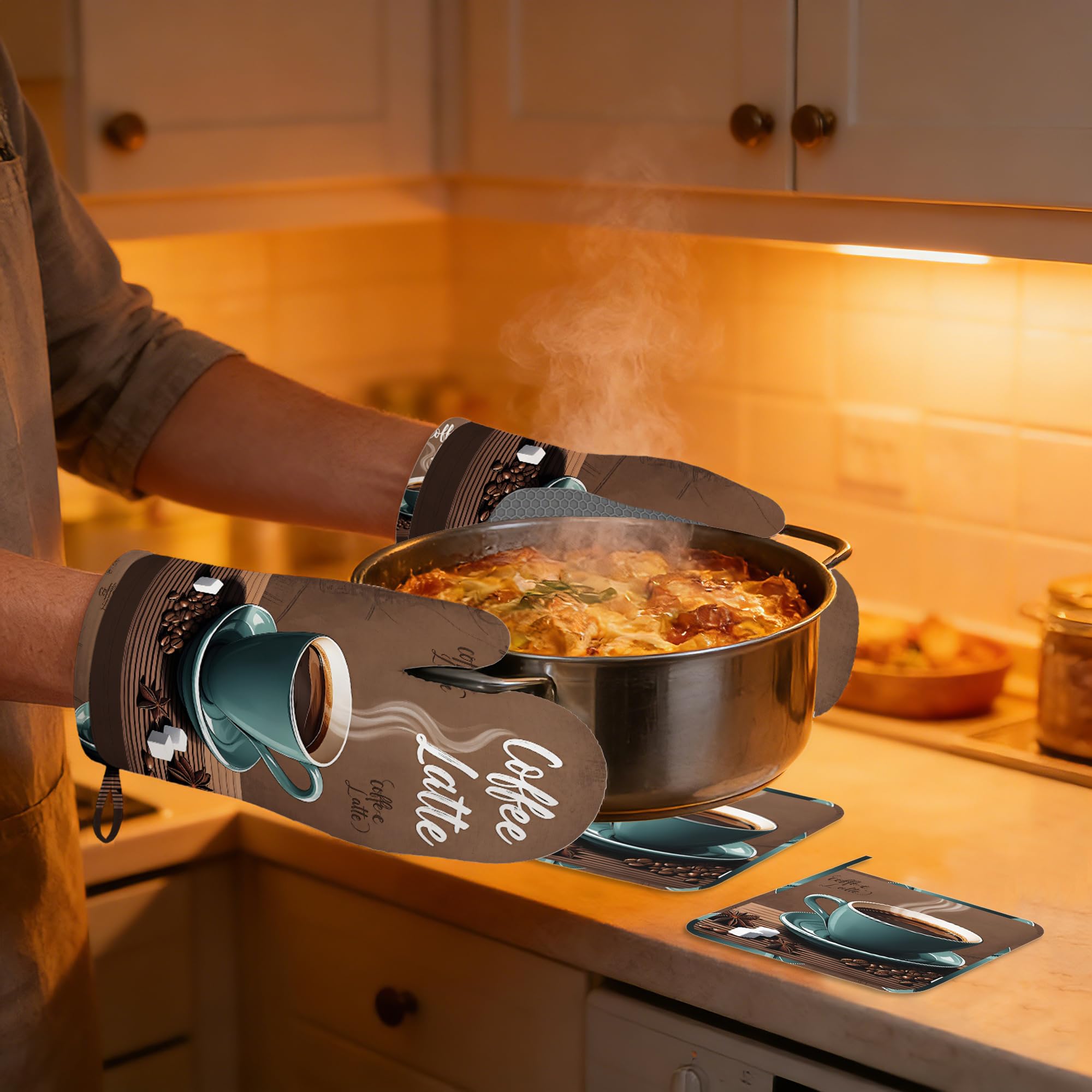 Juego de manoplas de horno y soportes para ollas, juego de guantes de cocina de algodón grueso retro para café, manoplas de silicona antideslizantes impermeables para hornear, bonito juego de