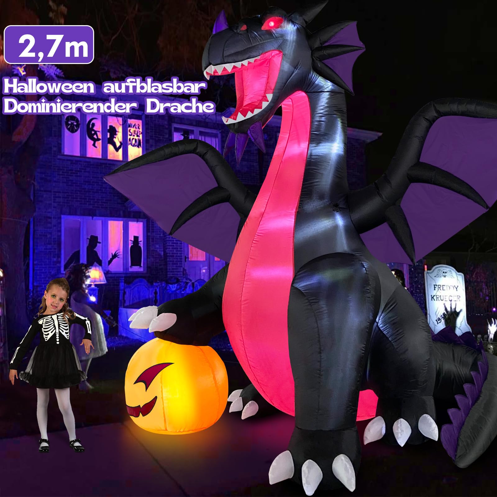 Danxilu 2,7m XXL Halloween Aufblasbar Drache auf Kürbis Outdoor Deko | Aufblasbare Figuren Dekoration mit LED-Beleuchtung für Garten Draußen Rasen Party Vorgarten