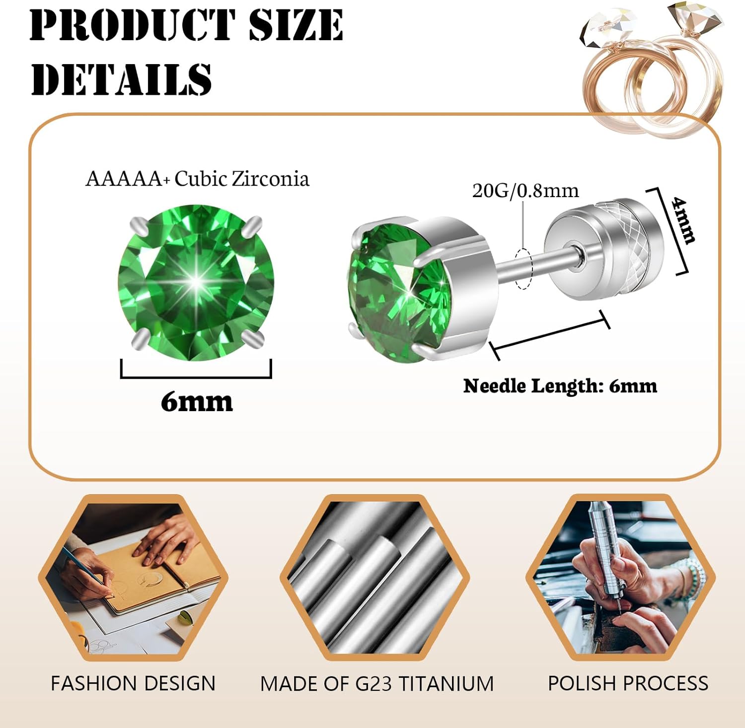 Hopply Hypoallergenic G23 Implant Grade Pure Titanium Screw Back Earrings, 20G Flatback 5A Cubic Zirconia Earrings Double Side Studs, Suitable for Women Men Sensitive Ears Piercing Sleeper Studs Jewelry - Image 2