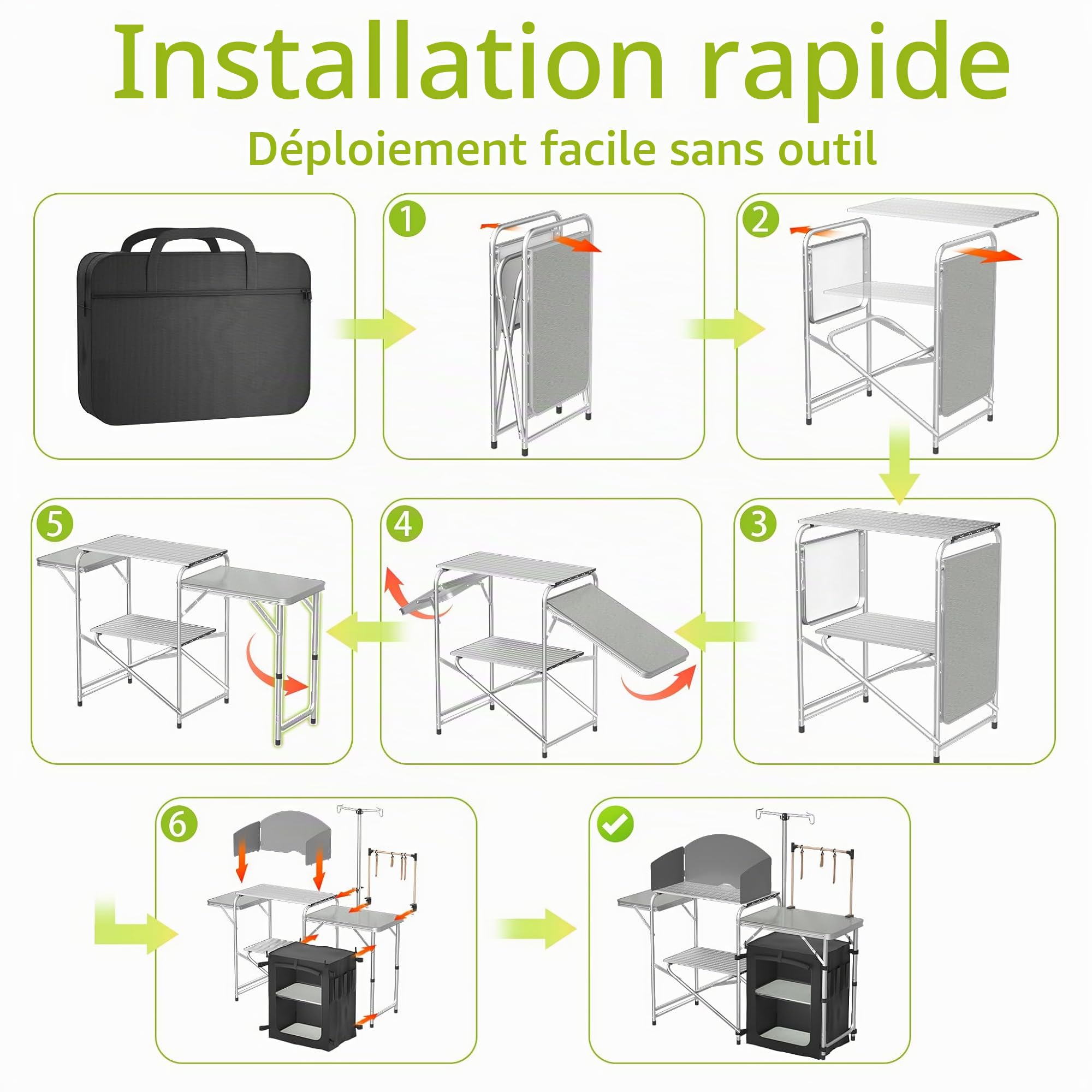 LZQ Table de cuisine de camping pliable avec armoires de camping, pare-vent, support de lampe et crochets, cuisine de camping d'extérieur avec panneaux MDF, sac de transport pour camping, pique-nique,
