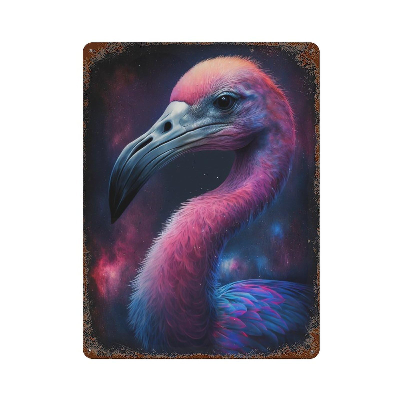 Cosmic Flamingo Art Print-5 Rustic Tin Plaque 15.7"x11.8", Industrial Home Decor for Pub, Kitchen And Man Cave Decor