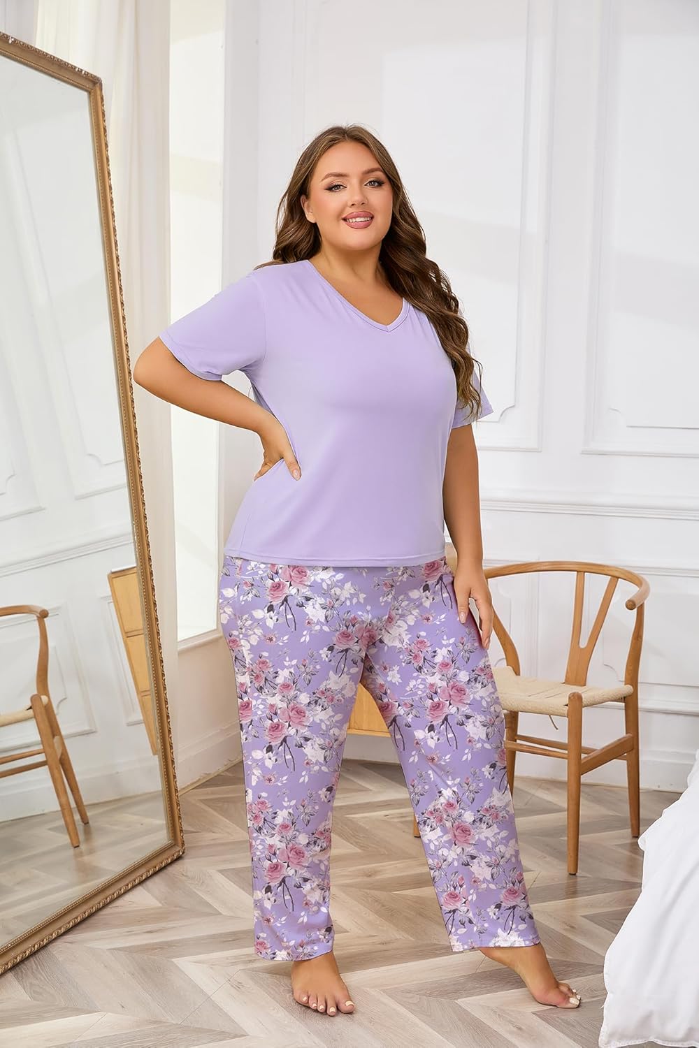 Women Plus Size Pajama Sets 2 Piece Lounge Set Short Sleeve Tops and Long Pants Soft Pjs Sleepwear 1X-5X - Image 5