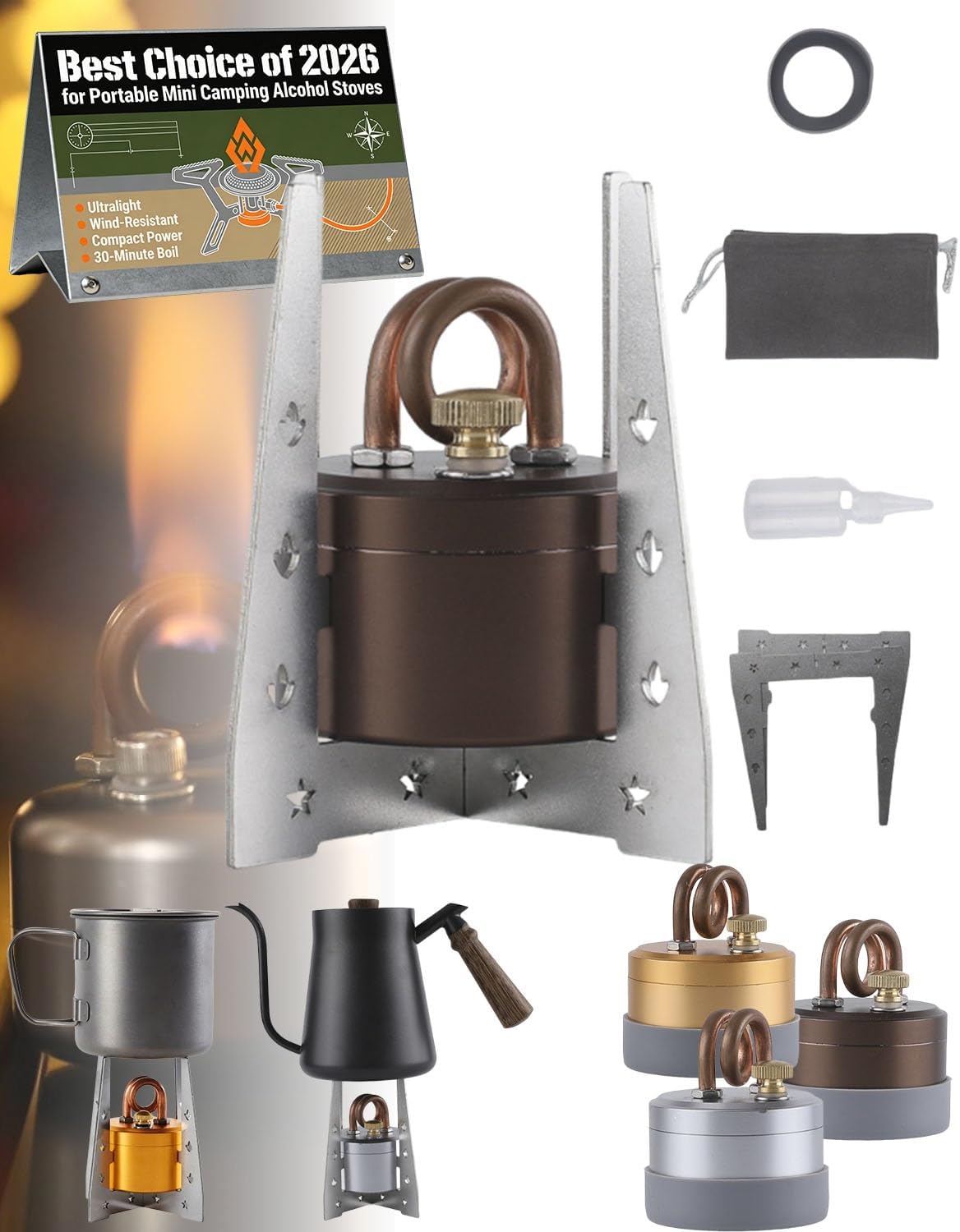 Portable Mini Camping Alcohol Stove Lightweight Brass Aluminum Spirit Burner with Stand Cooking Gear Grip Proof Design Windproof Faster Heating Backpacking Hiking Brewing Piping Tea/Coffee(Brown,B)