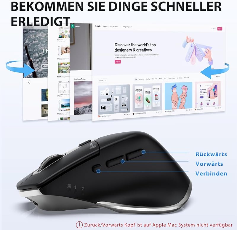 iClever Vezeték Nélküli Bluetooth Egér - Újratölthető, Ergonomikus, 3 Eszközhöz Csatlakoztatható, 5 DPI Beállítás, Csendes Kattintás, Ezüst-