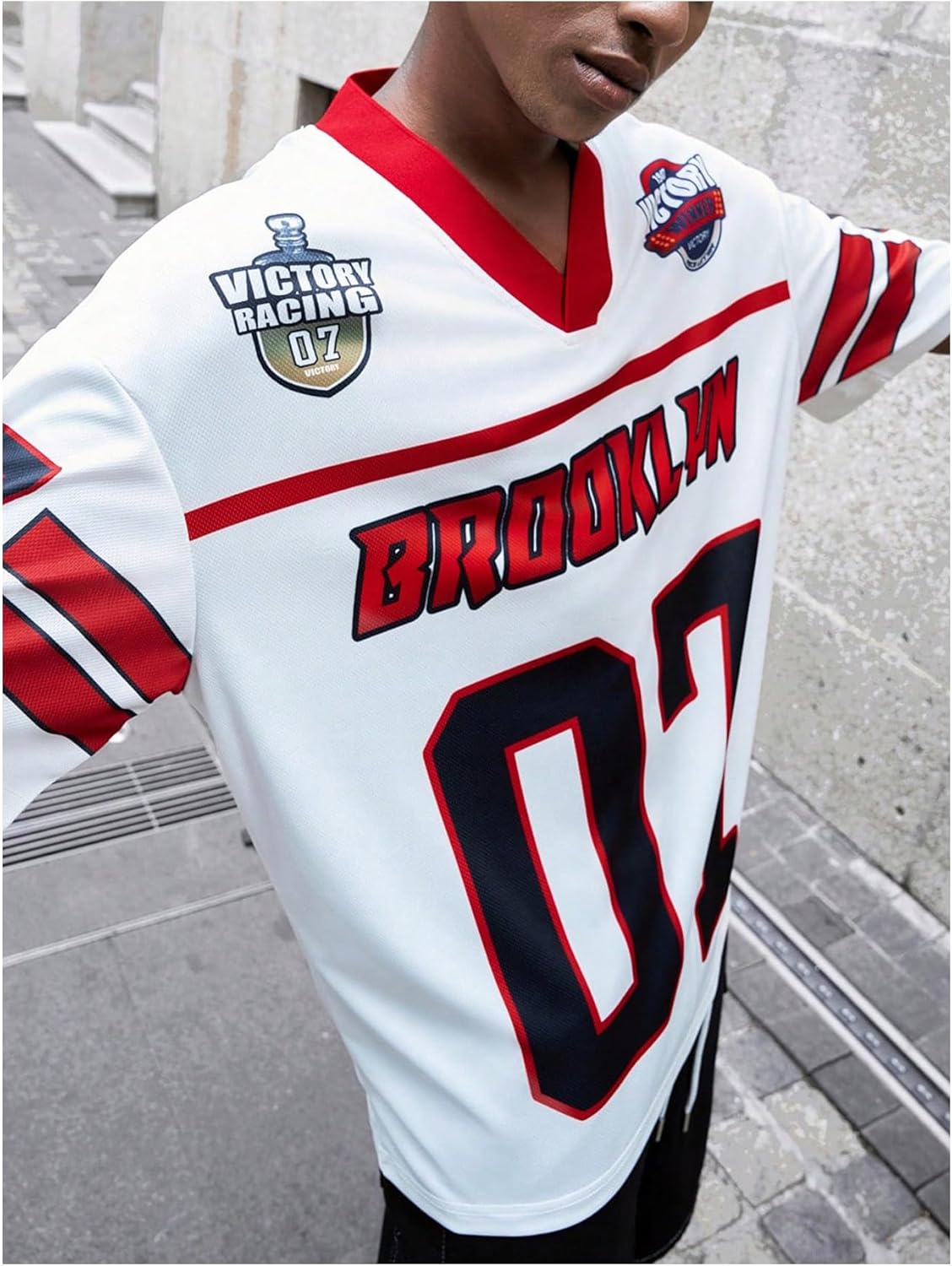 GORGLITTER Men's V Neck Racing Print Jersey Shirt Number Graphic Oversized Short Sleeve Streetwear T-Shirt - Image 3