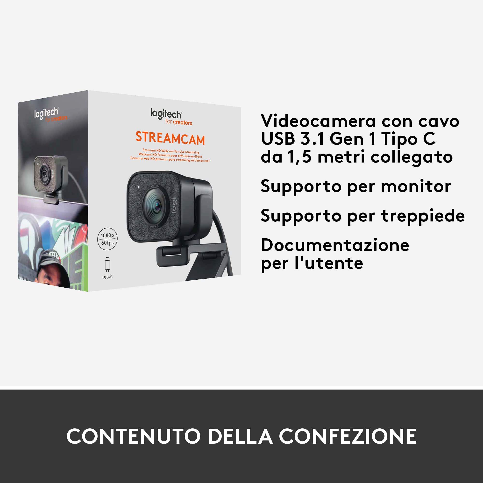 Logitech StreamCam per Live Streaming su Youtube e Twitch, Full HD 1080p a 60 fps, Connessione USB-C, Facial Tracking, Autofocus, Video Verticali - Grigio scuro