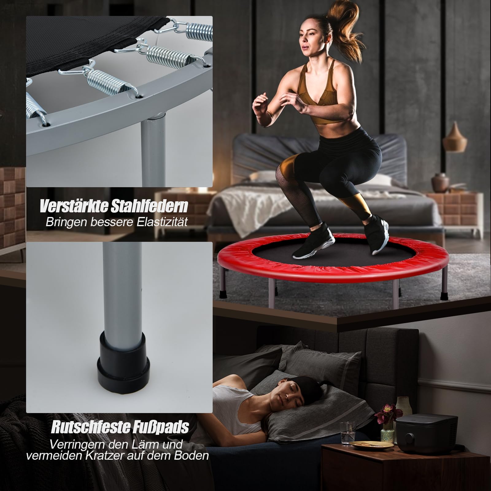 GYMAX Trampolin Fitness Adultos de 101 cm, Cama Elastica Fitness con Asa Ajustable de 4 Niveles, Carga máxima de 150 kg, Mini Trampolín Plegable para Interiores