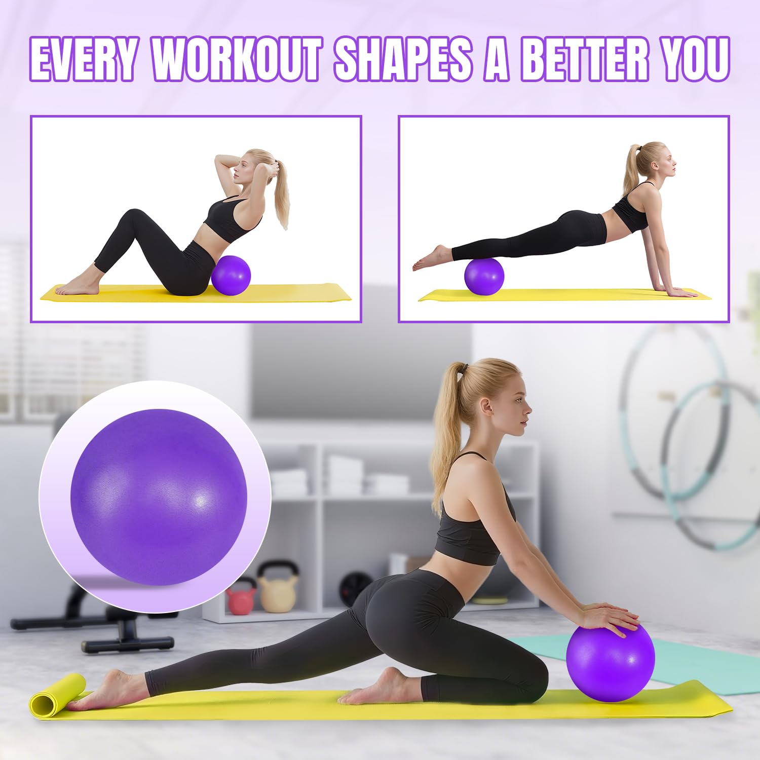 Pilates Ring Set - 6 Pièces, Anneau de Pilates, Ballon de Yoga, Bandes de Résistance, Kit Pilates pour Maison, Kits de Yoga et Pilates Accessoires, Cercle Magique de Fitness Femmes (Violet)