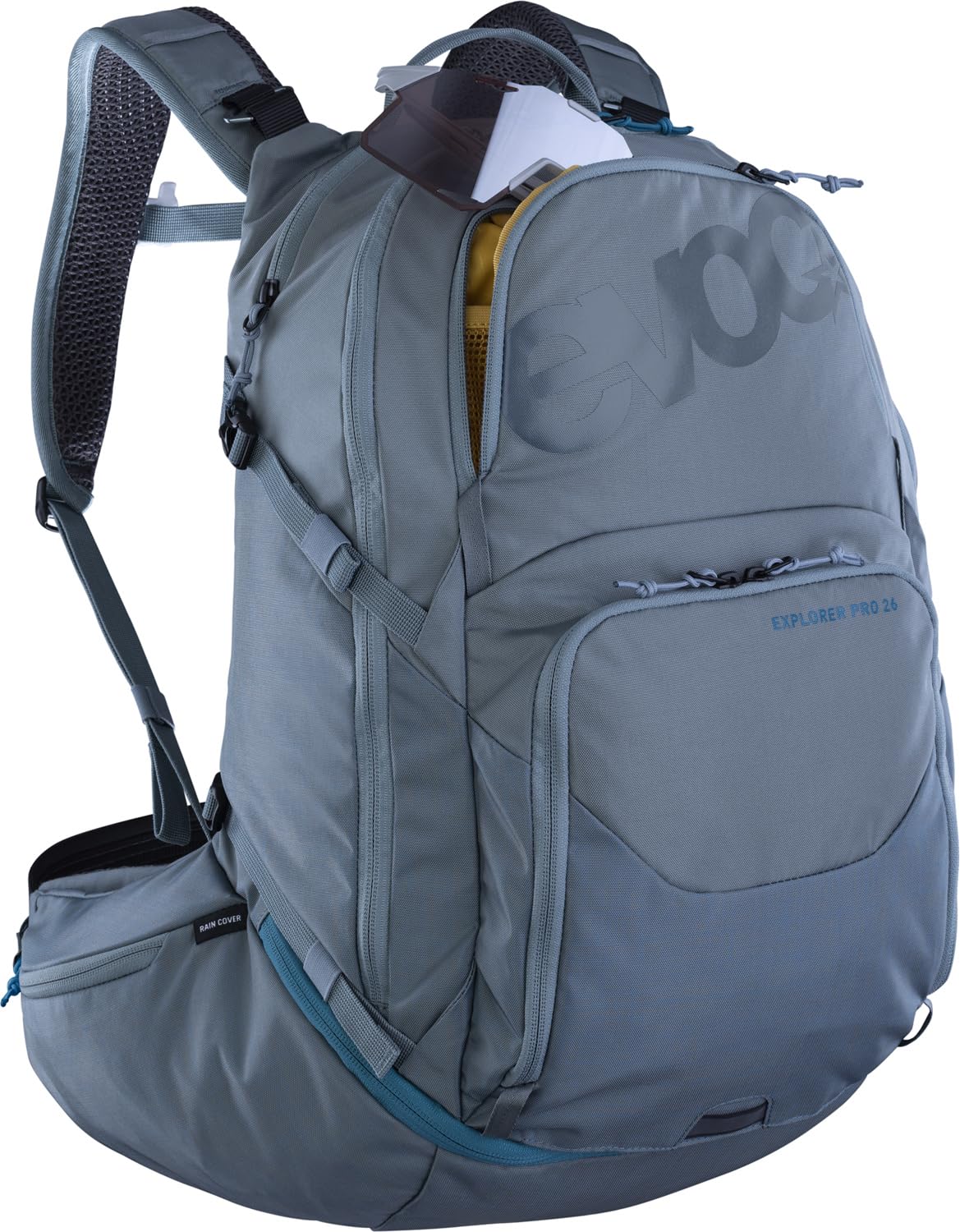 EVOC EXPLORER PRO 26, plecak (dla krótszych pleców, AIR FLOW CONTACT SYSTEM, pas biodrowy AIRO FLEX, w tym komora na bukłak do 3 l i pokrowiec przeciwdeszczowy, jeden rozmiar), stalowy