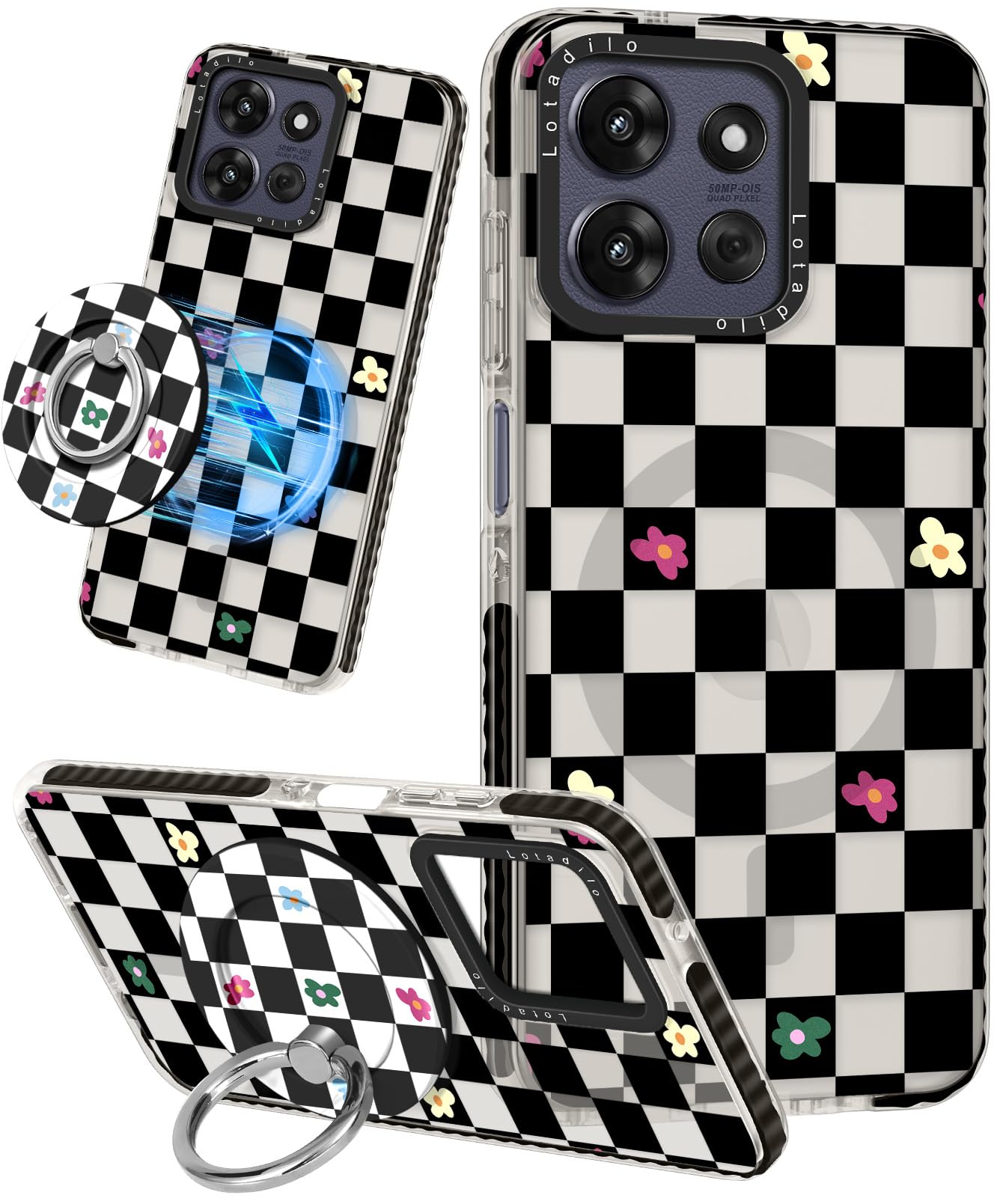 Photo 1 of Lotadilo Cute Case for Motorola Moto G 5G 2026/2025 for Women Girls - Funny Plaid Flower Design Compatible with Magsafe Ring Holder Magnetic Stand Kickstand Fashion TPU Phone Covers Kawaii