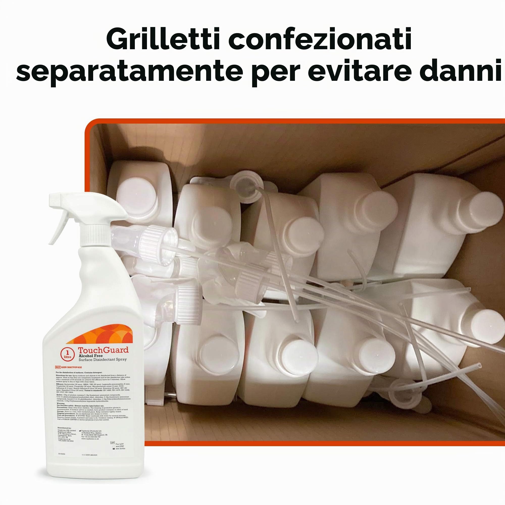 TouchGuard Disinfettante spray per superfici, senza alcol, 1 litro Confezione da 10, prodotto in Regno Unito