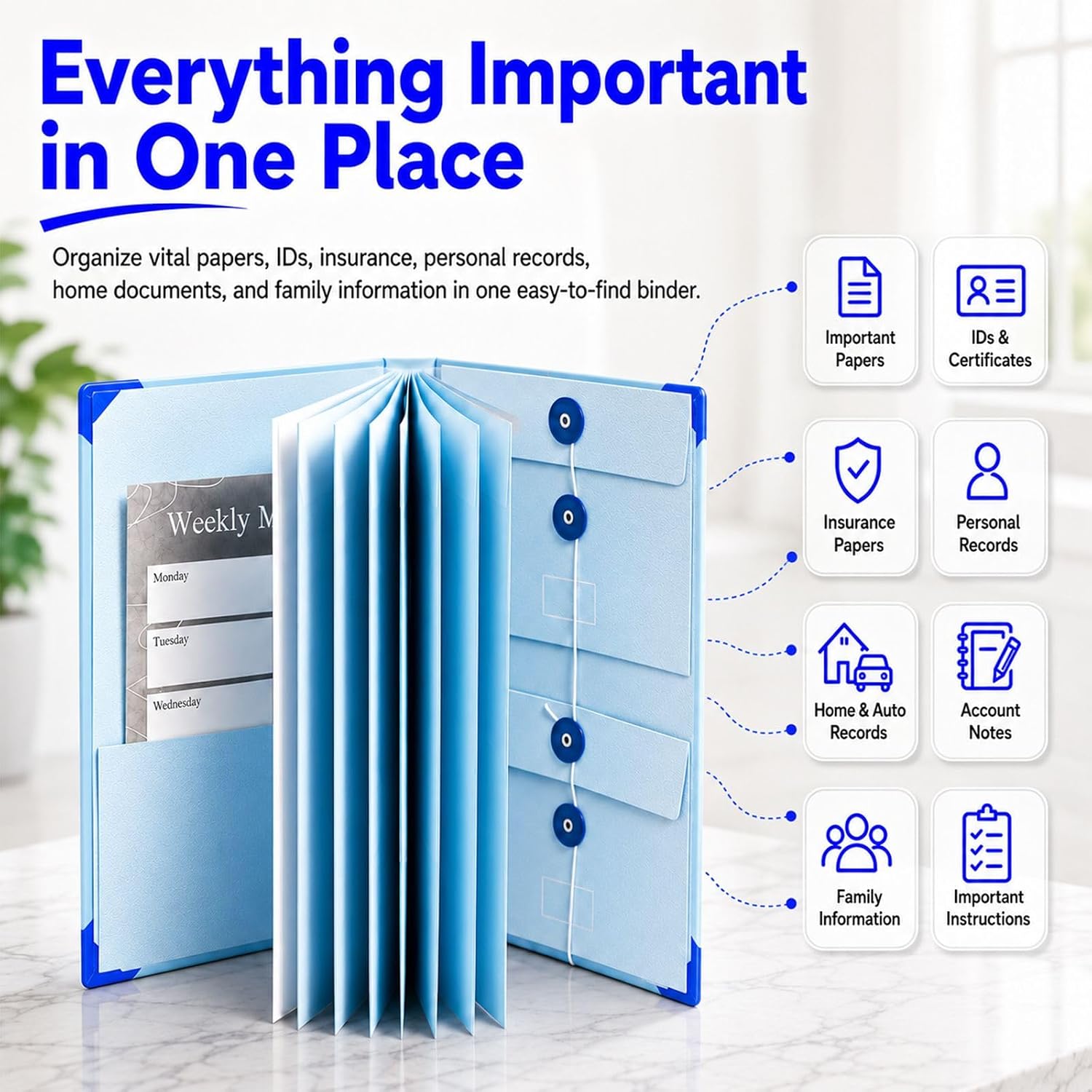 Family File Folder Organizer, Important Document Organizer with Labeled Pockets for Easy Access, Home Management Binder for Important Papers, IDs, Certificates, Insurance & Home Records,Blue image 2