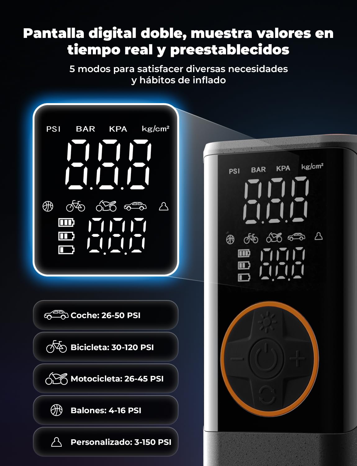 Oasser Compresor Aire Portatil 6000mAh 150PSI Inflador Ruedas Coche Pequeño Pantalla LCD Doble Visualización Cable Encendedor 3M Parada Automática Bolsa Almacenamiento para Coche Moto Bicicleta Bola