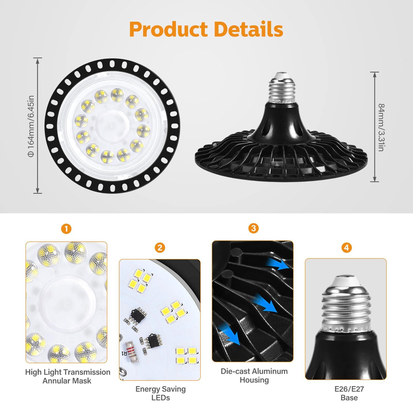 6 Pack UFO LED High Bay Light, lampa przemysłowa 6000LM Światło dzienne 60W Oświetlenie LED Bay, komercyjne oświetlenie sufitowe, oświetlenie przemysłowe 6500K Zimna biel do warsztatów magazynowych, o