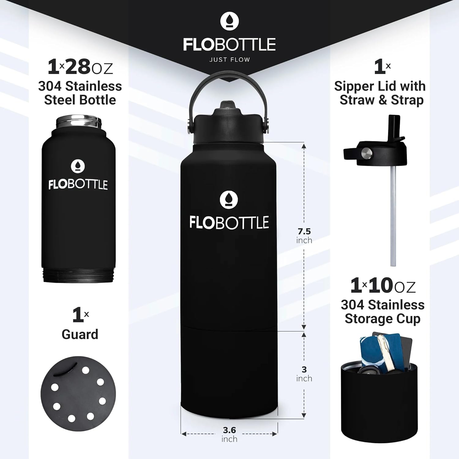 Stainless Steel Water Bottle with Straw, 28 Oz Insulated Water Bottle With Storage, Leak Proof Water Bottle, BPA-Free Water Bottle with Storage Compartment (Jetoro Black)