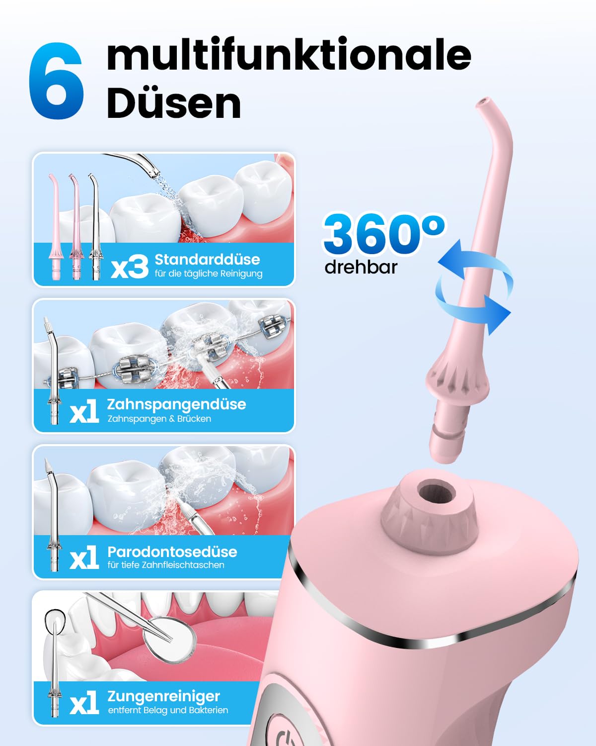 JTF Irrigador Bucal Eléctrico 300ML, 3+1 Modos Irrigador Dental, 6 Boquillas IPX7 Portatil Limpiador Dental para Ortodoncia/Encías Sensibles -Limpieza Dientes de Hogar Entusiastas Salud Ora(Rosa) - 5