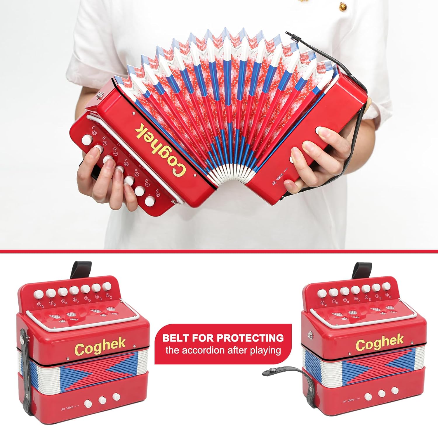 Red Mini Accordion For Kids 10-Key Button Compact Accordion Durable Musical Toy For Beginners