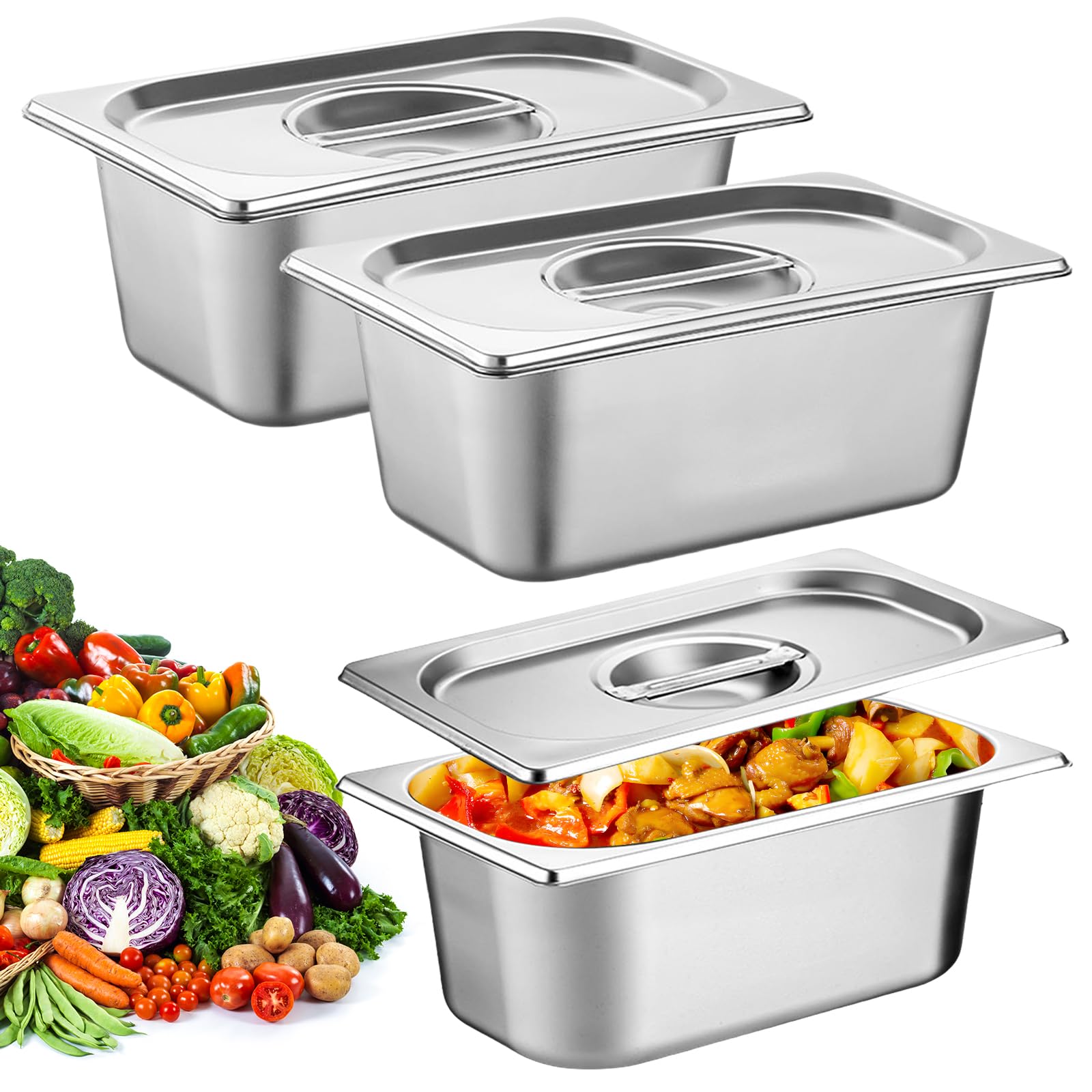 Bordeag Lot De 3 Bac De Cuisson En Inox 1/3 Bac Inox 32,5x17,5x6,5cm Plat Rectangulaire Ensemble De Récipients En Acier Inoxydable Bols À Paner Avec Couvercle Récipient Gastronorme Pour Nourriture