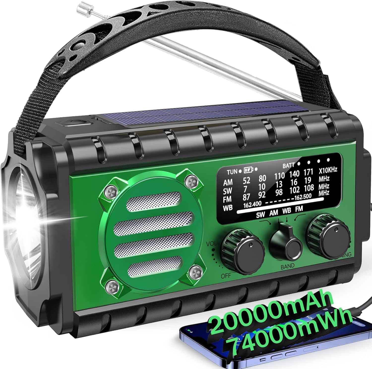 Radio Solar Portátil de 20000 mAh, Radio de Emergencia con Manivela, SW/Am/FM con Dinamo, Batería Externa Recargable, Linterna LED, Luz de Lectura LED, Alarma SOS