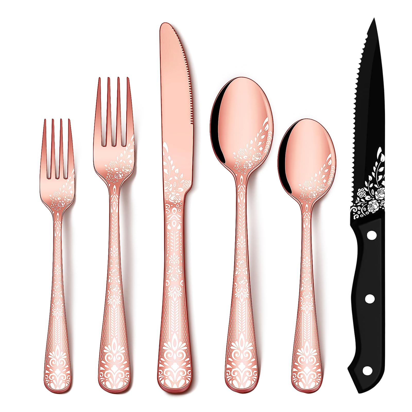 EUIRIO 48PCS Silverware Set for 8 Rose Gold, Stainless Steel Flatware Set with 8PCS Steak Knives, Mirror Cutlery Set with Forks Spoons and Knives for Kitchen Restaurant Hotel, Dishwasher Safe