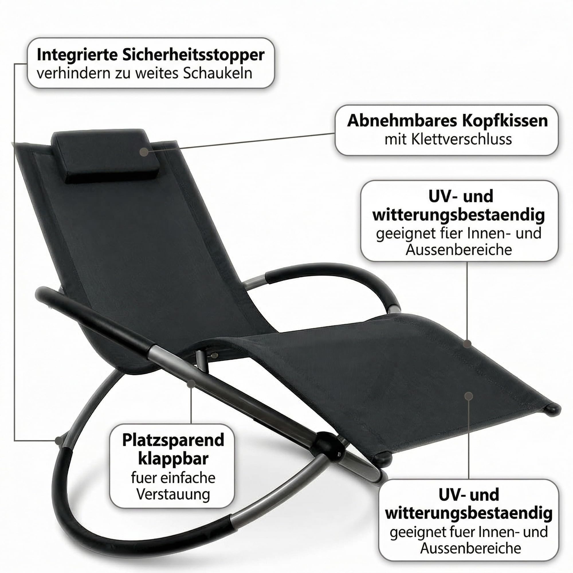 Mucola Relaxliege Sonnenliege klappbar bis 200 kg 160x80x90 cm Anthrazit | Schwungliege mit Schaukeleffekt, inkl. Kopfkissen, atmungsaktives Textilgewebe, schnelltrocknend, pulverbeschichteter Stahl