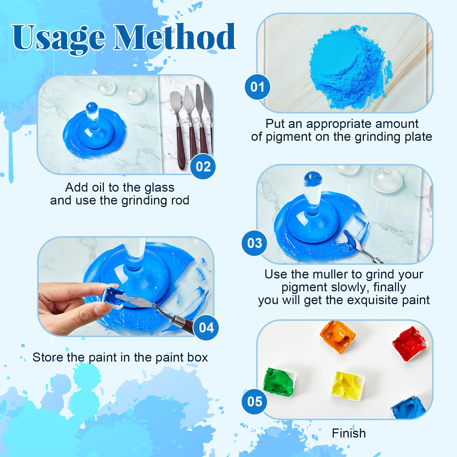 Domensi Watercolor Paint Muller Set with Professional Glass Muller Watercolor Slab Painting Knives Painting Brushes Palette Tin Cases for DIY Oil Acrylic Paint - Image 4