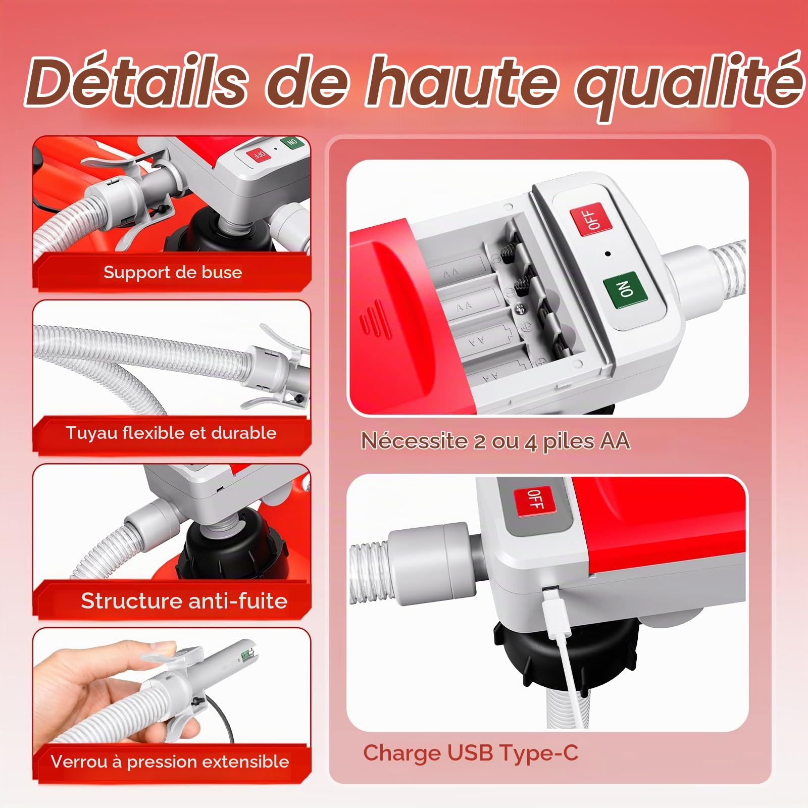 Pompe Électrique pour Carburant avec Stop Automatique - Essence, Gaz, Diesel, USB pompe électrique à essence avec 4 tailles d'adaptateurs et tuyau