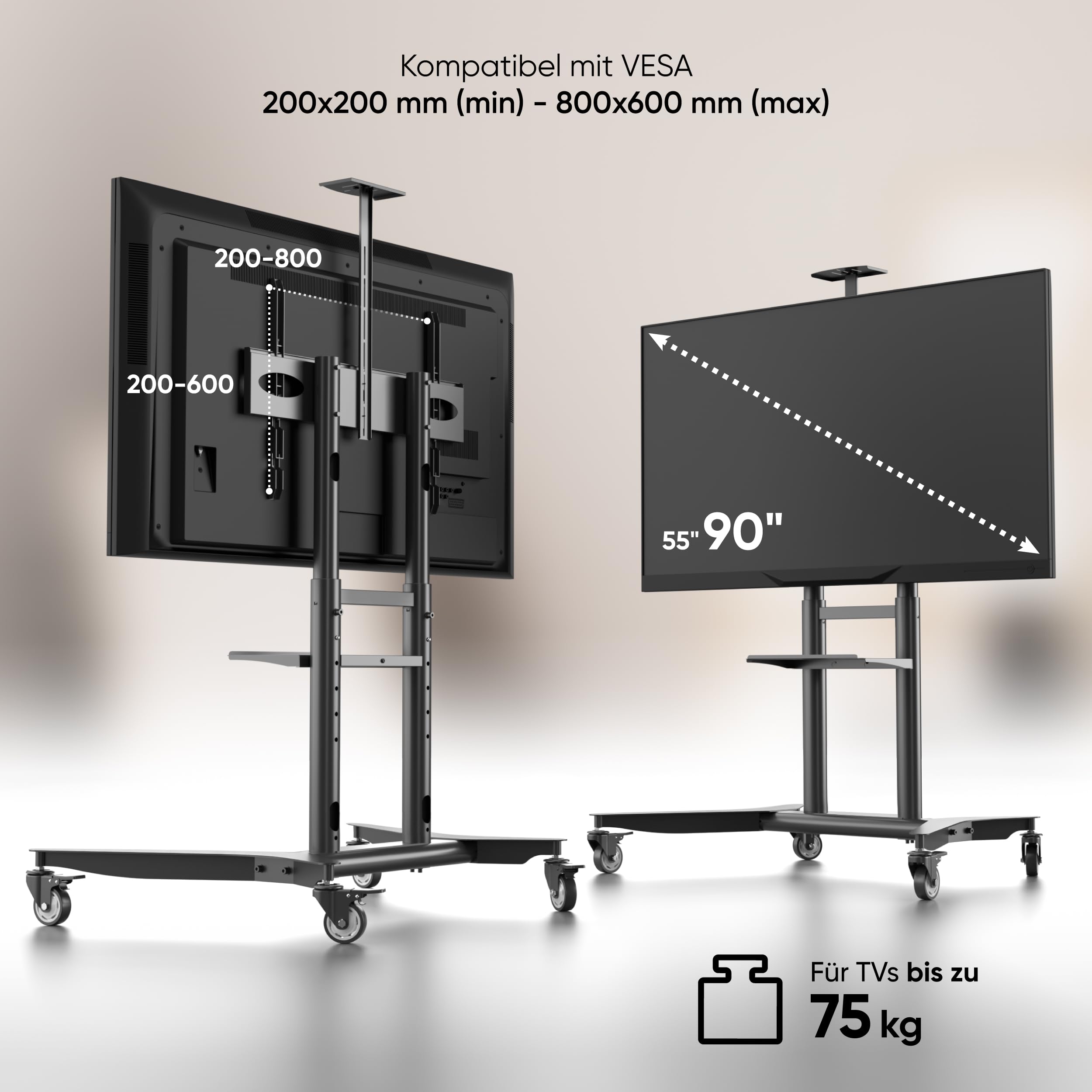 ONKRON TV Ständer rollbar für 55-90 Zoll Fernseher, max Belastung 90 kg, TV Rollwagen höhenverstellbar, VESA 200x200-800x600, professioneller Fernsehständer mit Rollen, Ablage Schwarz TS1871-B