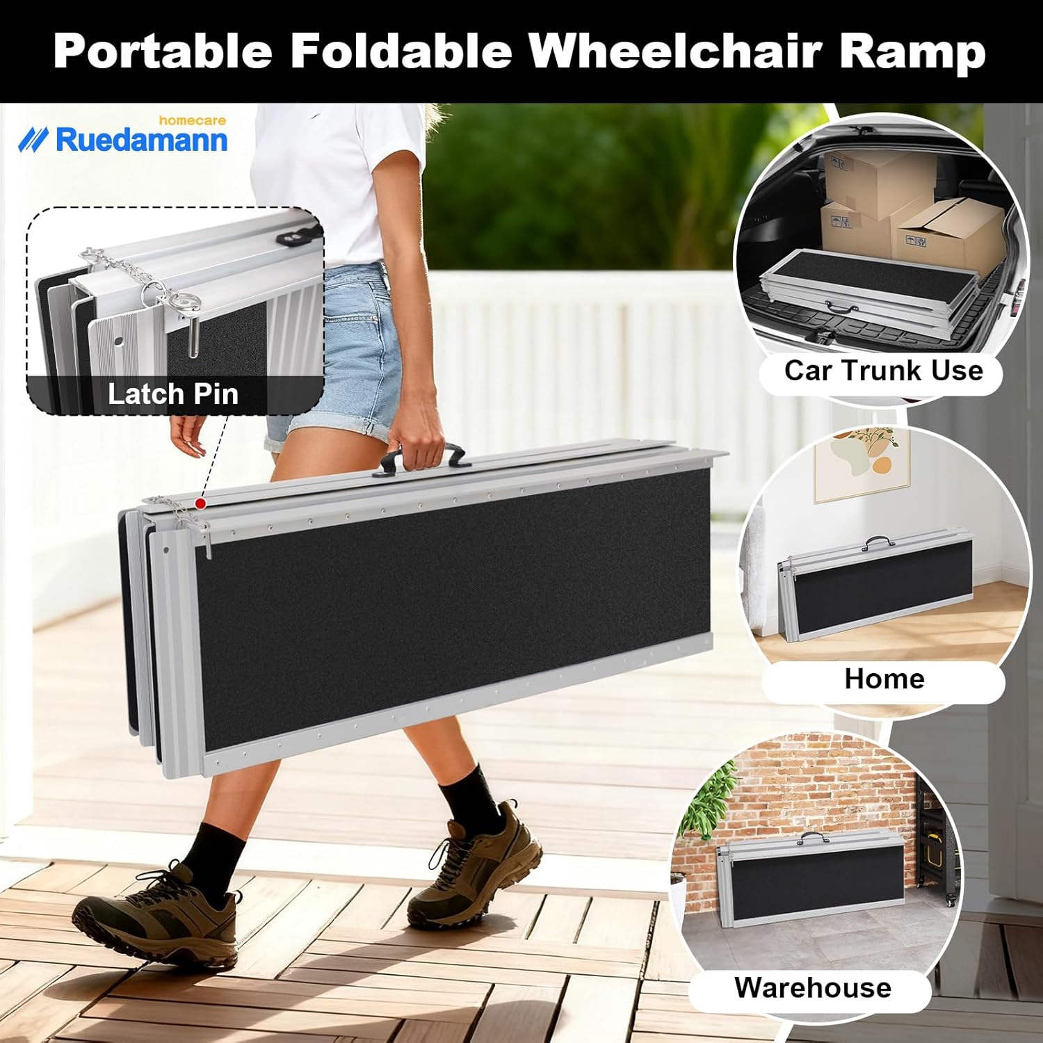 Ruedamann 5FT Portable Wheelchair Ramp, 4-Fold Non-Slip Aluminum Folding Handicap Ramp for Doorways, Wheel Chair Threshold Ramp for Home Steps, Stairs, Wheelchair, Scooters, Pets, Entry