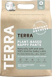 Terra Baby Diaper Size 6 Junior Training Pants – 85% Plant-Based Pull-Up Style Diapers, Ultra-Soft and Chemical-Free for Sensitive Skin, with Superior Absorbency, Perfect as Overnight Diapers for Toddlers 35+ Pounds, Count of 12