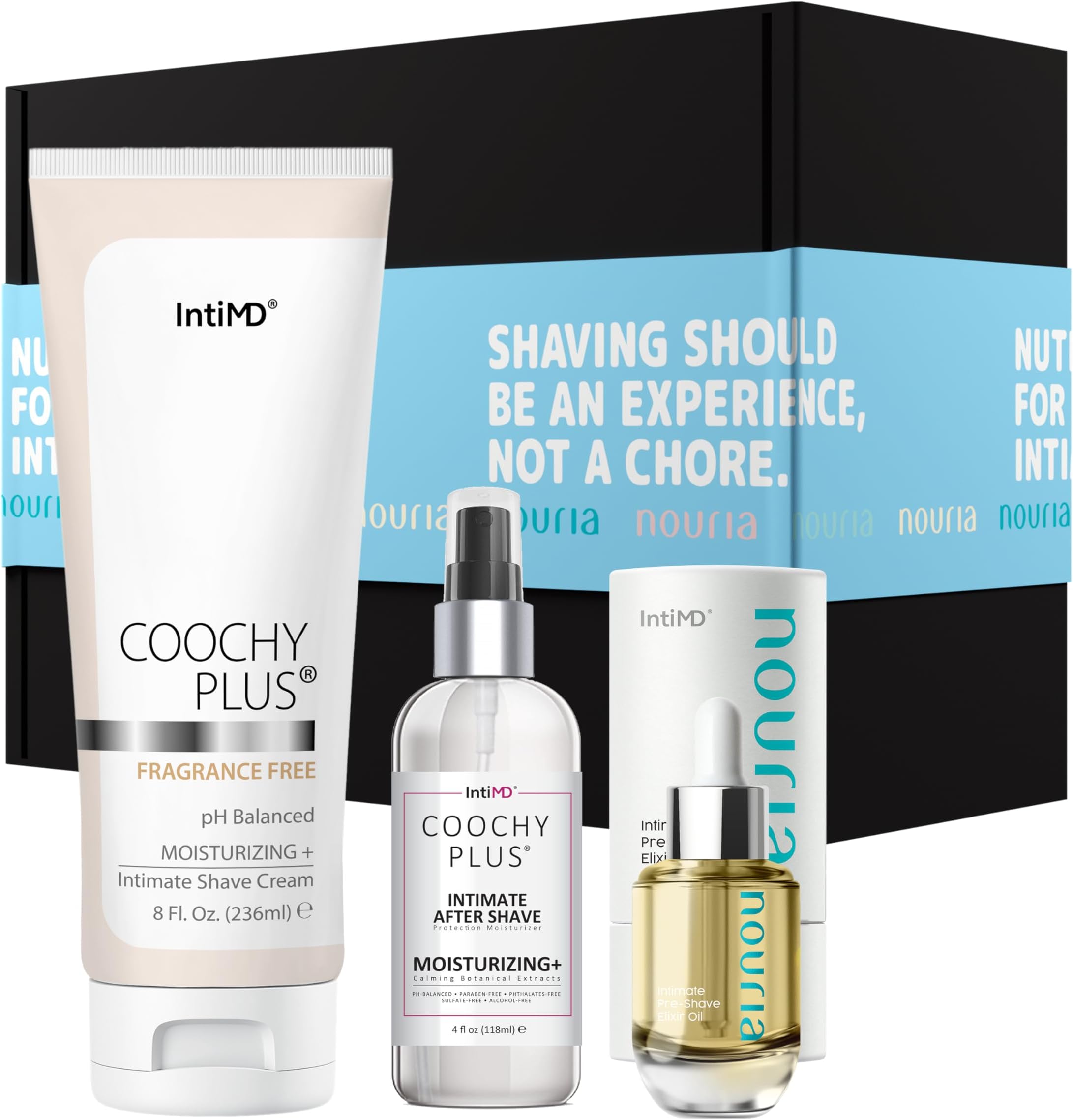 IntiMD Coochy Plus HydroLock Moisturizing + 3-Steps Kit Intimate Shave Gift Set: Nouria Pre-Shave Elixir Oil + Coochy Plus Shave Cream Fragrance Free and Coochy Plus After Shave Protection Mist