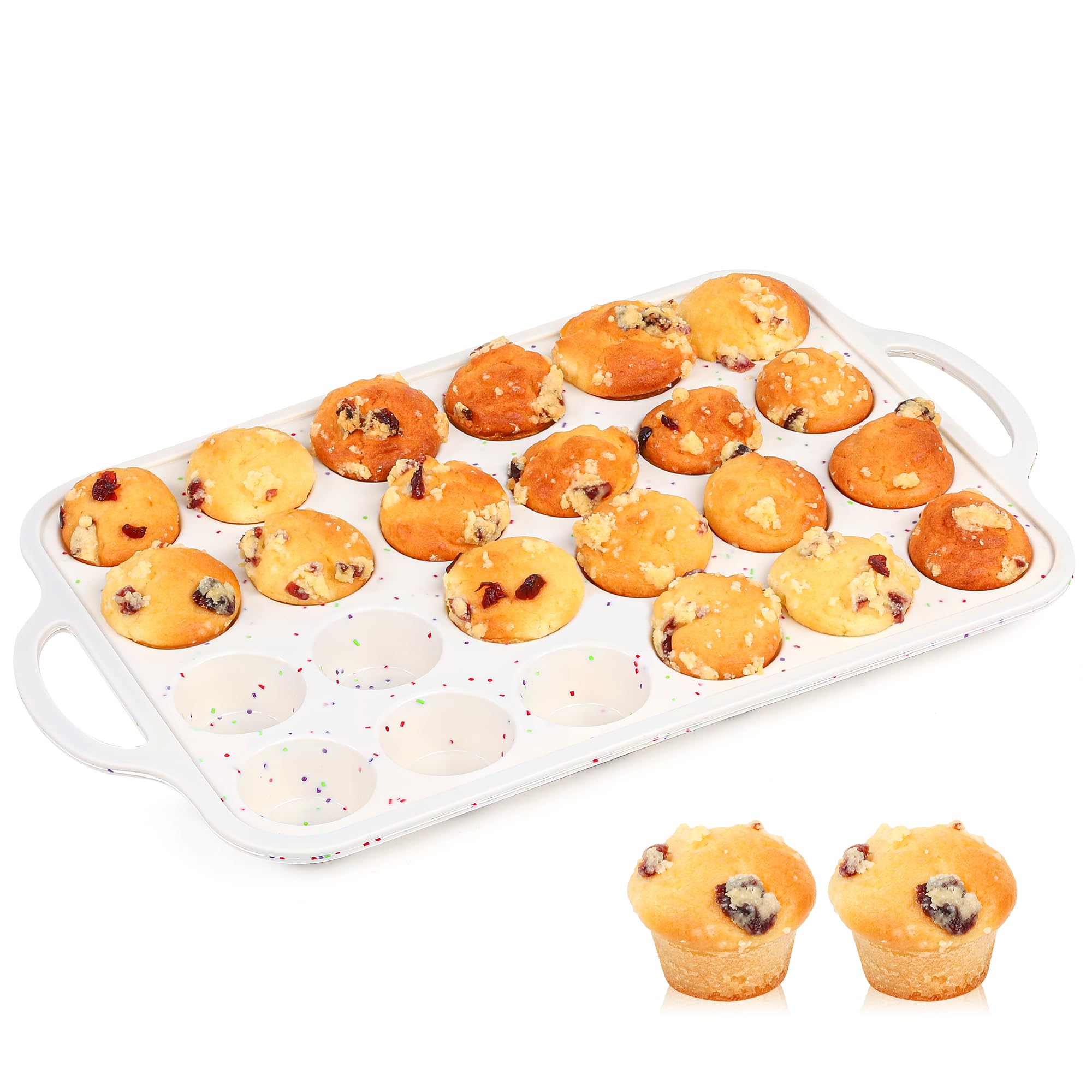 1 mini molde de silicona para magdalenas con marco de metal, bandeja antiadherente para magdalenas de 24 tazas para hornear, moldes pequeños para magdalenas con asas (crema)